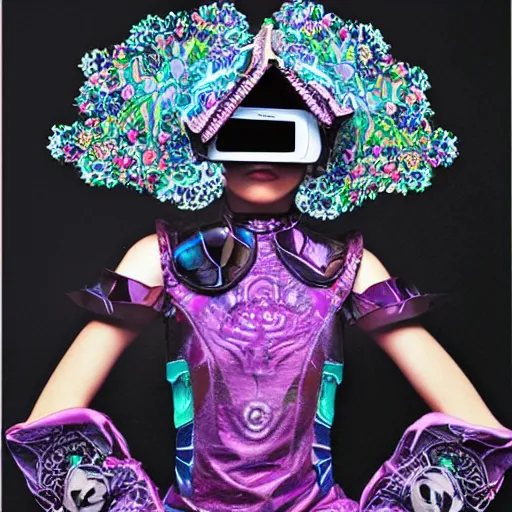 Prompt: ornate scifi cyber royal headgear, floral patterned dress, fantastical teen girl esoteric fashion zine