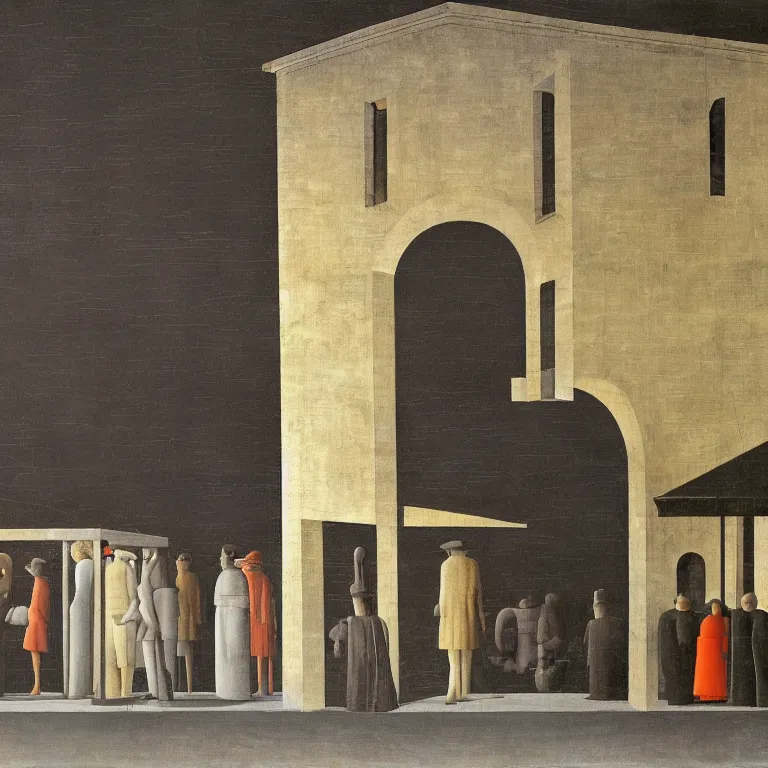 Image similar to a some people waiting in a lone bus stop in quiet dark city night Painting by Piero della Francesca, Morandi, Yves Tanguy, high quality, high resolution,detailed