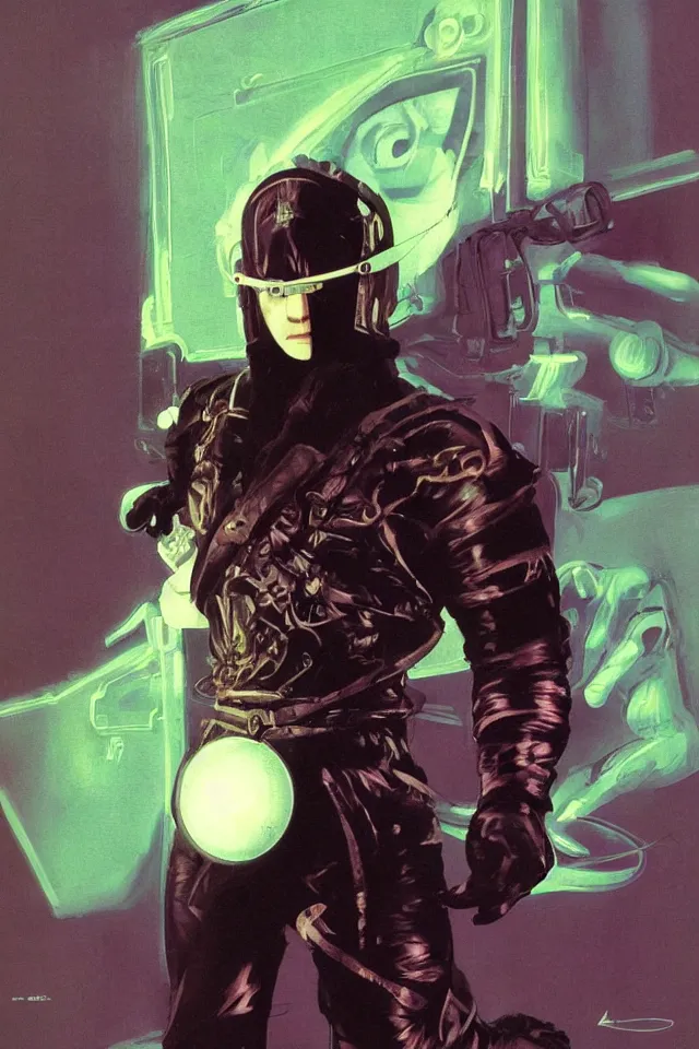 Image similar to character design, portrait, ninja gaiden in a suit made of iridiscent fabric, radio goggles, iridiscent, by syd mead, tim walker, roger deakins