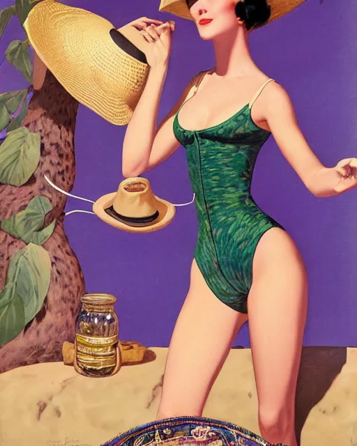 Prompt: Ril Mayer wearing purple green snakeskin cowhide motif and oversized cowboy hat promotes bottled bull run stimulant tonic SNAKE OIL, art by gil Elvgren and Ilya kuvshinov