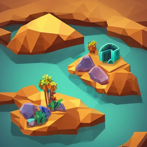 Image similar to boat in the dessert filled with gems, game concept, low poly, isometric