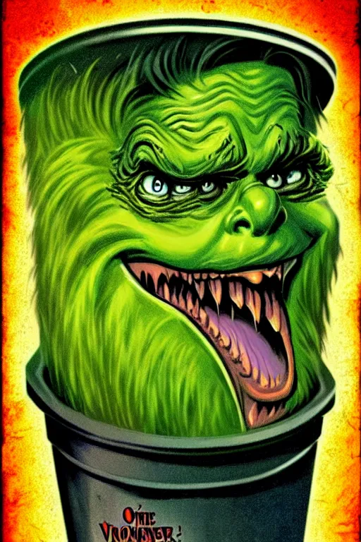 Image similar to vintage goosebumps cover art style illustration of a monster coming out of a garbage can.