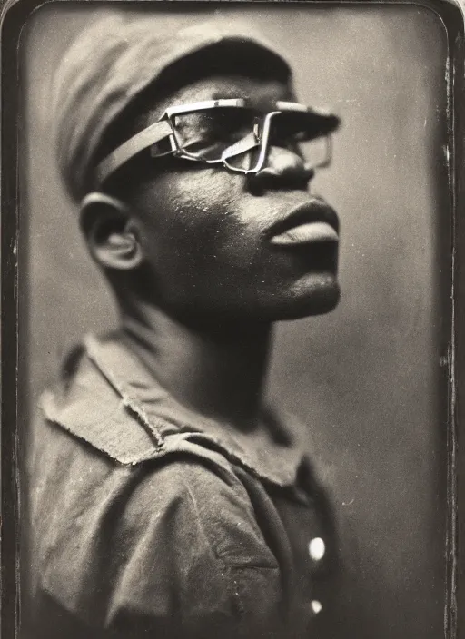 Prompt: dreamy close up portrait of a congolese mine worker with reflective scratched glasses, photo realistic, elegant, award winning photograph, parallax, cinematic lighting, ambrotype wet plate collodion by martin shuller, richard avedon dorothe lange and and shane balkowitsch