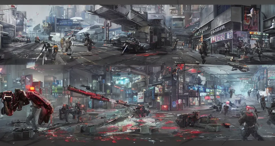 Image similar to 1989 Video Game Concept art of Neo-tokyo Cyborg bank robbers vs police FPS, Multiplayer set-piece Ambush, Tactical Squads :10, Police officers under heavy fire, Suppressive fire, Pinned down, Destructible Environments, Gunshots, Headshot, Bullet Holes and Anime Blood Splatter, :10 Gas Grenades, Riot Shields, MP5, AK47, MP7, P90, Chaos, Anime Machine Gun Fire, Shootout, :14 Akira style :17, Created by Katsuhiro Otomo + Nexon: 20