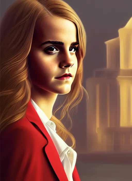 Image similar to portrait of teenage emma watson, long haircut, flowing blonde curly hair, white shirt, red tie, smiling kindly, soviet house at background, 1 9 8 0 s, intricate, elegant, glowing lights, highly detailed, digital painting, artstation, concept art, smooth, sharp focus, illustration, art by wlop, mars ravelo and greg rutkowski