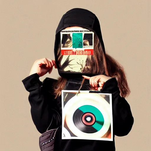 Prompt: close - up, photo of girl in realistic bird mask, in a hoodie, holding a vinyl record, 9 0 - s fashion, polaroid photo, by warhol,