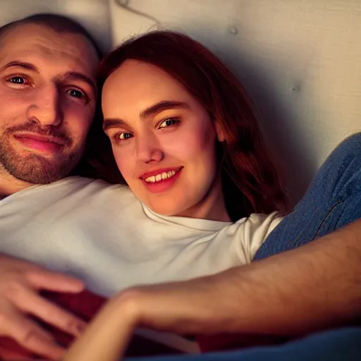 Prompt: intricate beautiful hyperreal portrait of you and me, smiling softly, casual clothes, relaxing on the couch, home interior, golden hour, close up shot, 8 k, art by irakli nadar, hyperrealism, hyperdetailed, ultra realistic