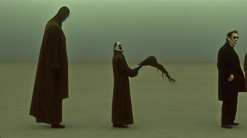 Prompt: the strange creature sells a used car, film still from the movie directed by denis villeneuve and david cronenberg with art direction by salvador dali and zdzisław beksinski, wide lens