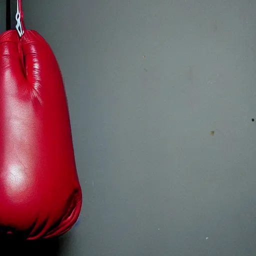 Prompt: “a pair of old red leather boxing gloves hanging on the wall in the corner of a dark gym, dimly lit”