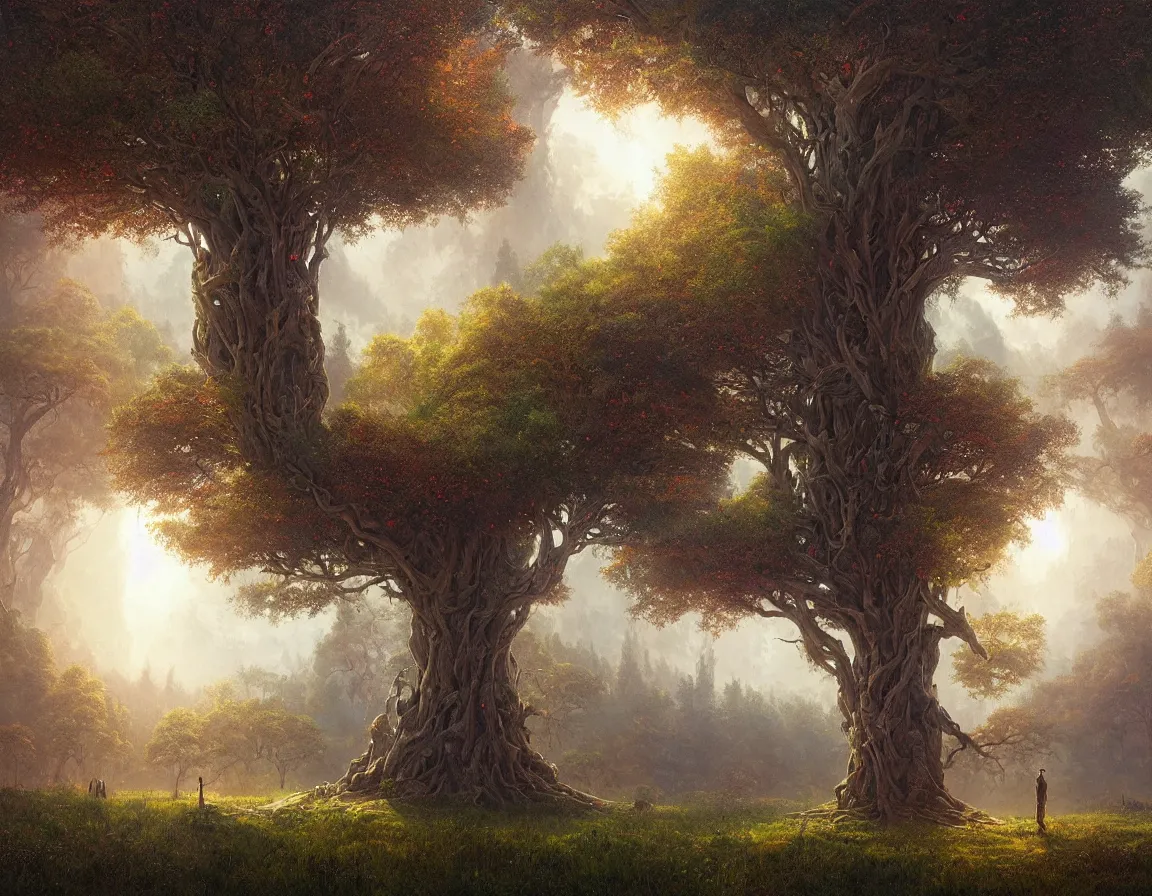 Prompt: hyper realistic detailed matte painting of tree of knowledge, hd, hdr, by moebius and john howe and albert bierstadt and alena aenami, ultra detailed, high resolution