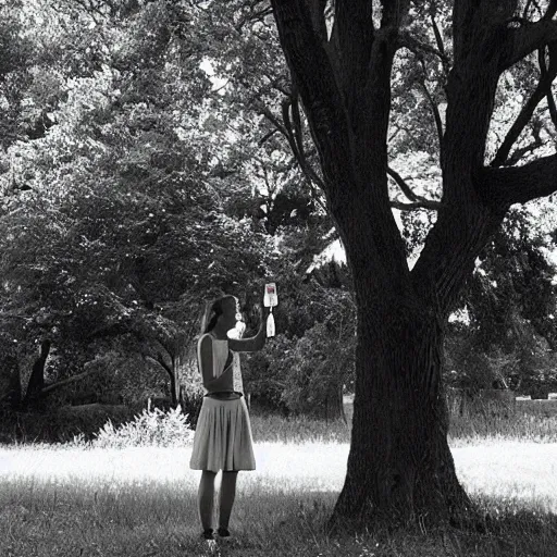 Image similar to “ girl drinking a beer under a tree, by evan cohen ”