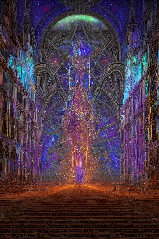 Image similar to a centered photo real render of a post apocalyptic cathedral surrounded by glowing fractals and ornate flowing light streams sacred geometry, by beeple, by donato giancola, unreal engine