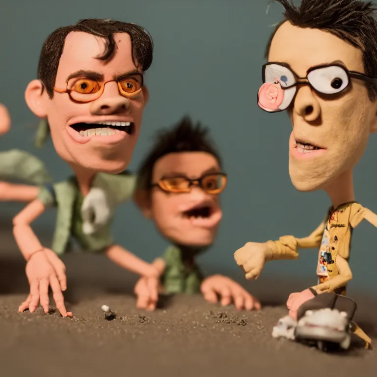 Image similar to a cinematic film still of a claymation stop motion film starring johnny knoxville and steve - o, portrait, shallow depth of field, 8 0 mm, f 1. 8