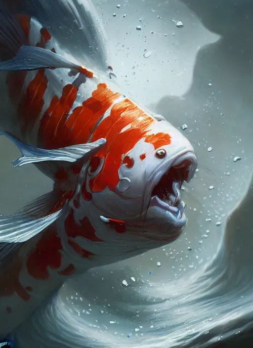 Image similar to subsurface scattering, white, koi, samurai with face armor, by jesper ejsing, justin gerard, tomasz alen kopera, cgsociety and fenghua zhong, highly detailed, rim light, cinematic lighting, illustration, art, octane render, very coherent, cinematic, hyper realism, high detail, octane render, 8 k