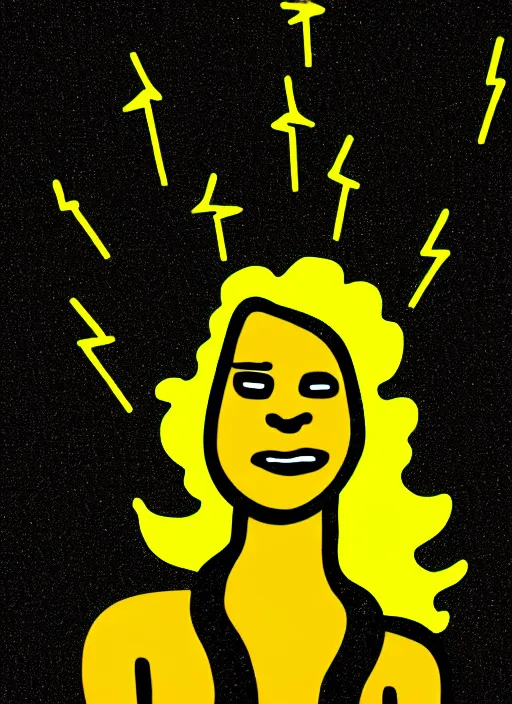 Image similar to highly detailed closeup portrait of wasteland wavy glowing yellow and white plasma hair cute happy tribal young lady, stray electric spark wiring by jean jullien, 4 k resolution, gradient yellow, black and white color scheme!!! ( ( dystopian city background ) )