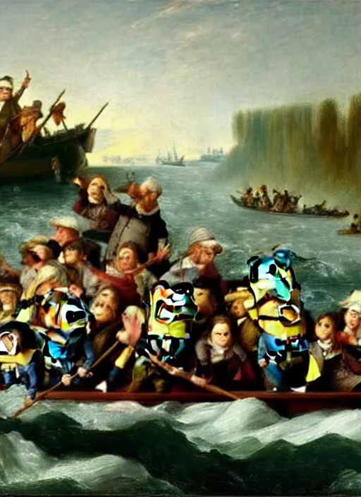Image similar to minions crossing the delaware, oil painting by emanuel leutze, exact replica