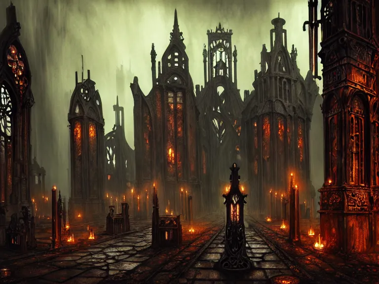 Image similar to steam necropolis, memento mori, gothic, neo - gothic, art nouveau, hyperdetailed copper patina medieval icon, stefan morrell, philippe druillet, ralph mcquarrie, concept art, steampunk, unreal engine, detailed intricate environment, octane render, moody atmospherics, volumetric lighting, ultrasharp, ominous, otherworldly