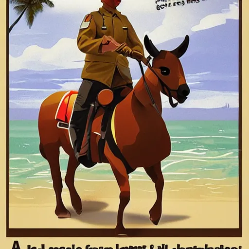 Prompt: A soldier riding on a lama at the beach, digital art, propaganda poster