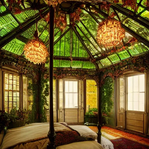 Prompt: a musical bedroom victorian greenhouse. The greenhouse is built into a giant oak tree, ornate, beautiful, atmosphere, vibe, volumetric, flowers, lighting,