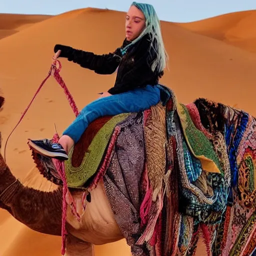 Image similar to close up shot of billie eilish riding a camel