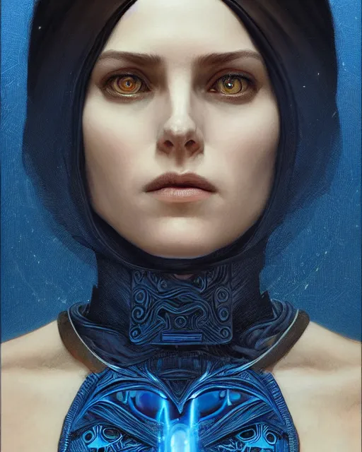 Image similar to portrait of saint alia atreides of the knife, fully royal blue eye sockets eye, dune, science fiction, frank herbert, intricate, elegant, highly detailed, digital painting, artstation, concept art, sharp focus, illustration, art by artgerm and greg rutkowski and alphonse mucha