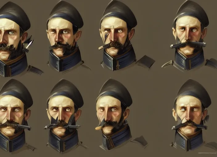 Prompt: 1 8 5 5 british crimean war soldier, character face study, multiple angles, directions and moods. faces only, concept art finely detailed perfect art, painted by greg rutkowski makoto shinkai takashi takeuchi studio ghibli, pinterest, cevagraf comics