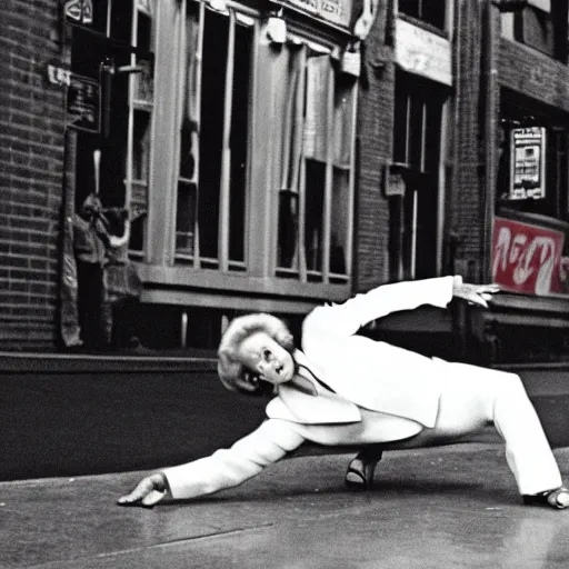 Image similar to a photo of Betty White breakdancing on the streets of New York