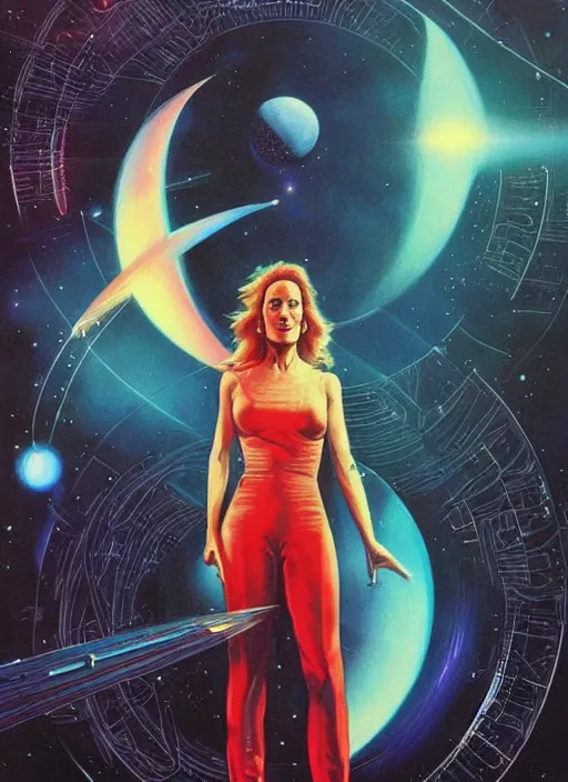 Prompt: gillian anderson as a space wizard, science fiction, high details, intricate details, by vincent di fate, artgerm julie bell beeple, 1 9 8 0 s, inking, vintage 8 0 s print, screen print