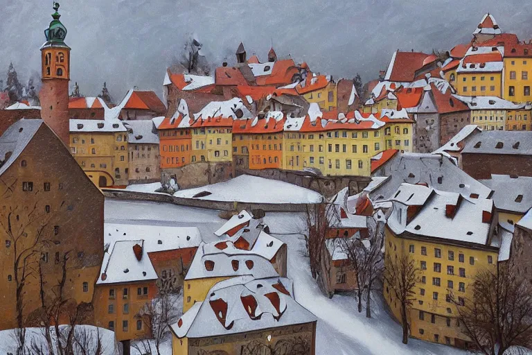 Prompt: cesky krumlov in winter by jeffrey smith, cubism!!!, 3 d depth, oil on canvas, trending art station, masterpiece