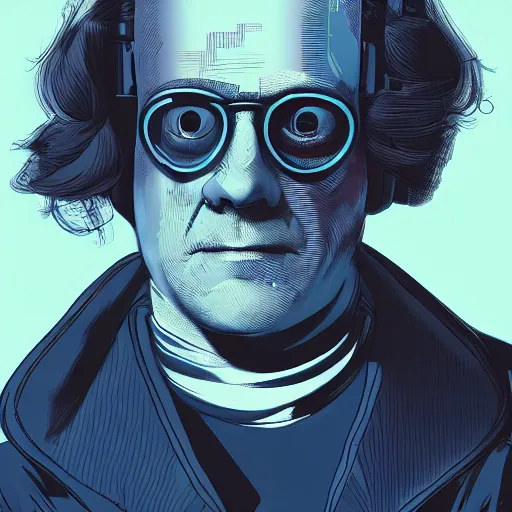 Prompt: cyberpunk benjamin franklin as the leader of a futuristic communist society, cybernetics, sharp lines, digital, artstation, colored in