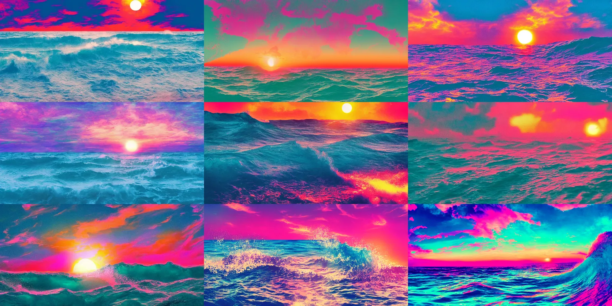 Prompt: vaporwave sunset, waves crashing in the sea, glitch art aesthetic