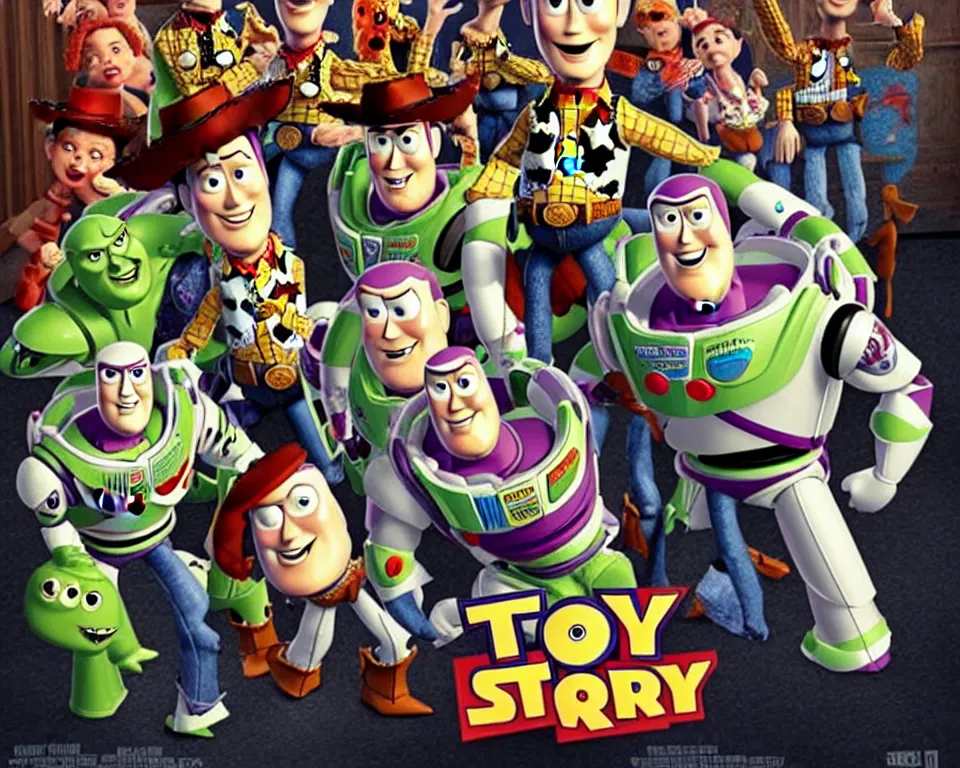 Image similar to a horror movie poster featuring toy story characters