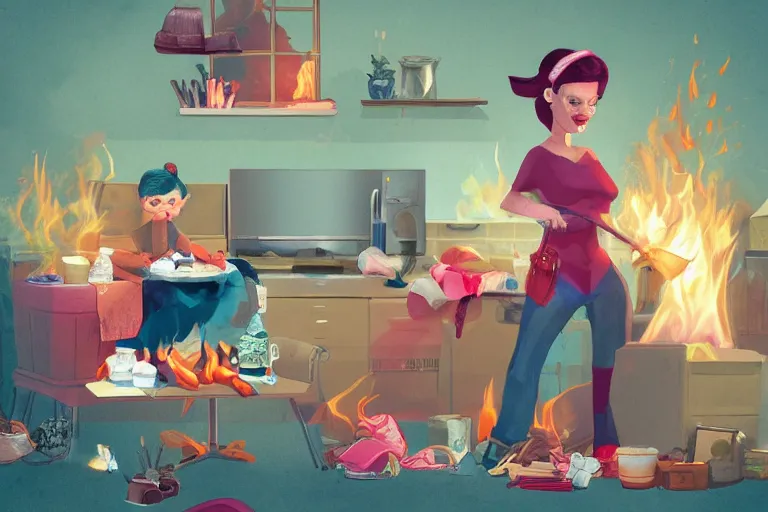 Image similar to a crazy housewife hurries up to pack daughter's things, surrounded with fire, digital art, trending on artstation
