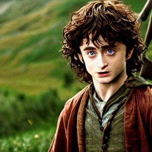 Prompt: Film still of a young Daniel Radcliffe as Frodo in Lord of the Rings: The Return of the King, wide shot, cinematic