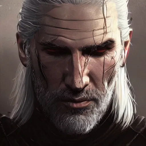 Prompt: geralt of rivia with long beard and intense eyes, black veins around eyes, scarred, close up, rim lighting, portrait, sinister atmospheric lighting. highly detailed painting by greg rutkowski, anime style