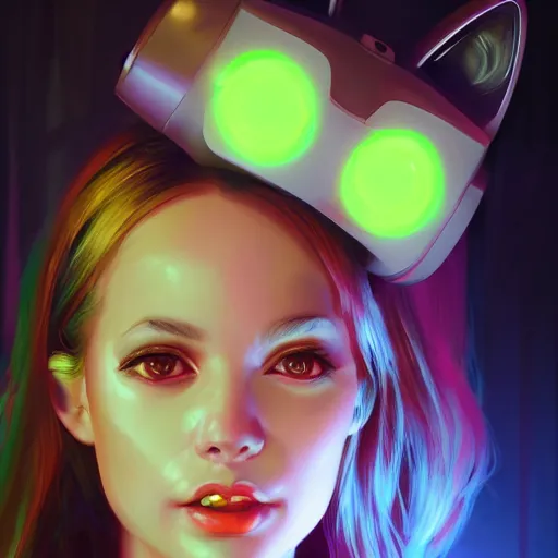 Prompt: portrait of a cute young woman with robot ears and eyes, 4k, sharp focus, neon colored fluorescent lighting, Andreas Rocha