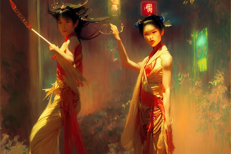 Image similar to wuxia, summer, neon light, painting by gaston bussiere, craig mullins, j. c. leyendecker