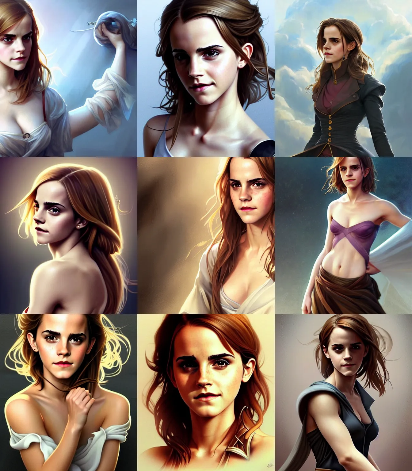 Prompt: attractive Emma Watson showing her thighs, thighs focus, hourglass slim figure, juicy legs, Hermione hair and attractive features, dungeons and dragons portrait, seductive smile, highly detailed, digital painting, artstation, kyoani, concept art, sharp focus, illustration, art by artgerm and greg rutkowski and alphonse mucha