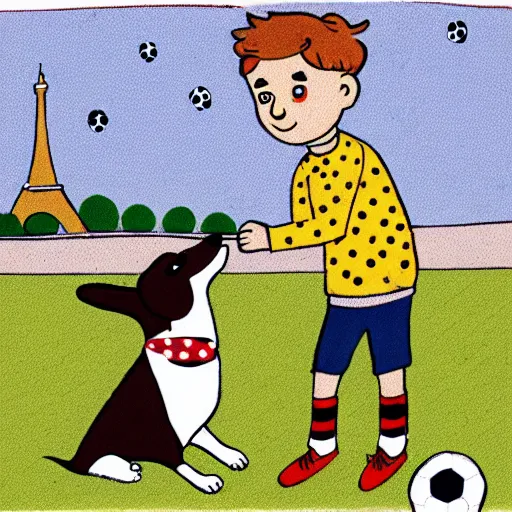 Image similar to illustration of french boy in paris playing football against a corgi, the dog is wearing a polka dot scarf