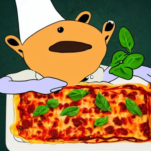 Image similar to platypus wearing a chef hat while holding a lasagna with three basil leaves over the lasagna