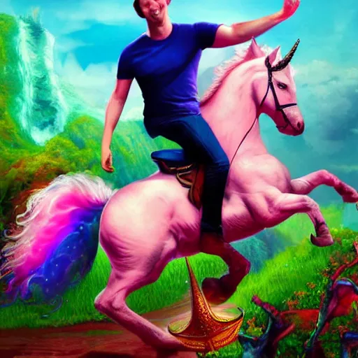 Image similar to mark zuckerberg riding a unicorn, pointing, wearing a crown, paradise landscape, vivid colors, pastelle, digital art, trending on artstation