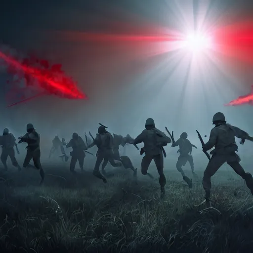 Prompt: bloody war scene, explosions, soldiers running, fog, sun beams, no text, painting style