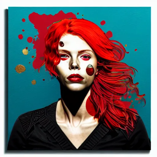 Image similar to portrait of red head woman :: side profile :: in ocean :: guns and bullets :: metallic details :: gold and petals pattern :: blood and horror :: by marvel and Sandra Chevrier