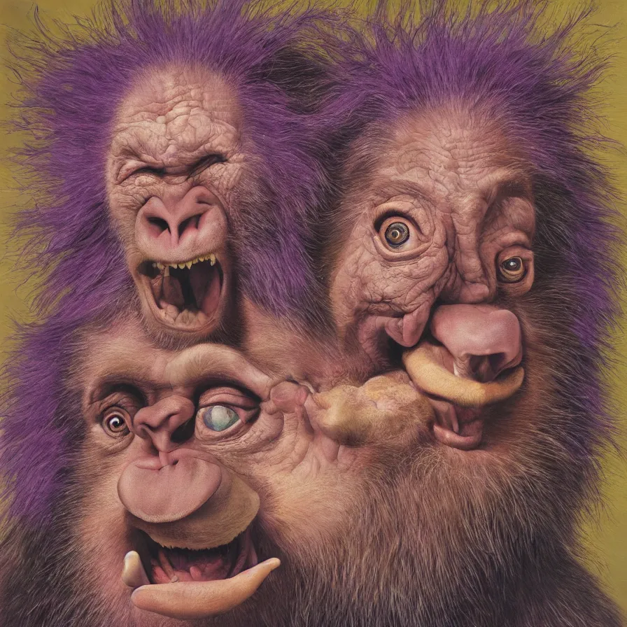 Image similar to hyper realistic portrait painting by chuck close, studio lighting, brightly lit purple room, an ape with antlers laughing, a giant rabbit clown crying