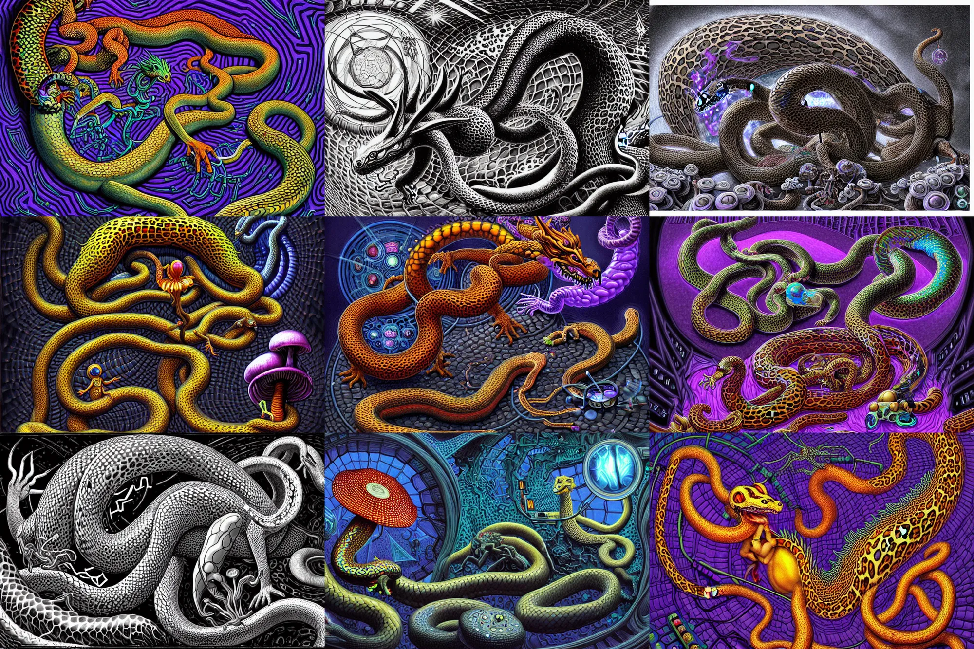 Prompt: a detailed digital art painting of a cyberpunk magick dragon with occult futuristic effigy beautiful mushroom that is a adorable leopard atomic latent snakes in between cybernetic ferret biomorphic molecular hallucinations in the style of escher, alex grey, stephen gammell inspired by realism, symbolism, magical realism and dark fantasy, crisp,
