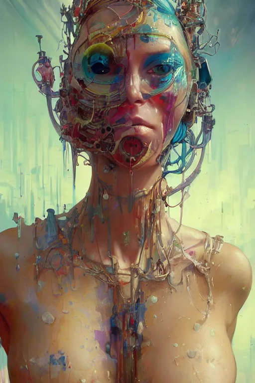 Prompt: an hiper intricate oil painting of a beautifull surreal cyberpunk woman surounded by melting colorfull wax drips, colorfull, excelent composition, wide shot, by yoshitaka amano, by ellen jewett, by greg rutkowski, by alphonse mucha by jeremyg lipkinng, by rhads, by ross tran, artstation, octane render