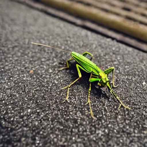 Prompt: close up photo of a grasshopper lying on a matchstick box floating in a gutter