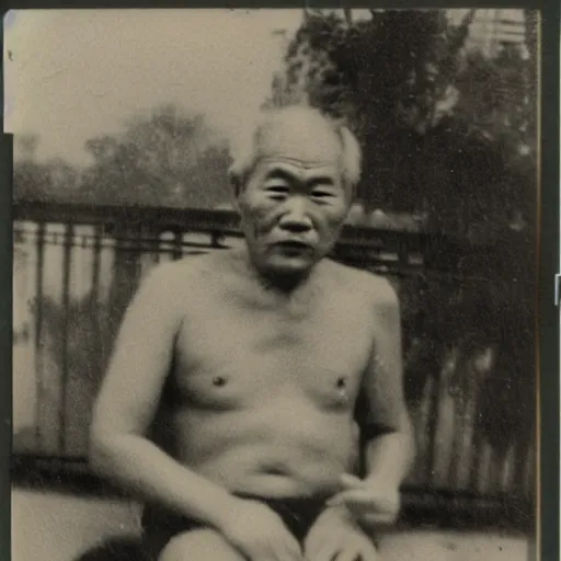 Prompt: a polaroid photo of a disheveled middle - aged chinese man wearing a singlet while smoking, sitting down next to a wall