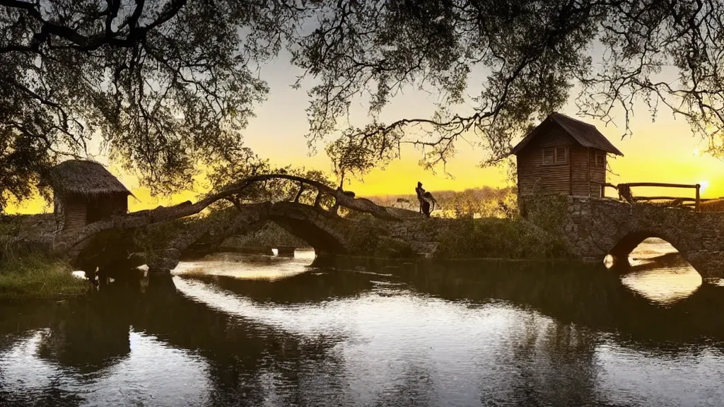 Image similar to small wooden cottage by the river, a tree with vines wrapped around it, two crows on the tree, tranquility, arch stone bridge over the river, an old man riding a horse on the bridge, sunset