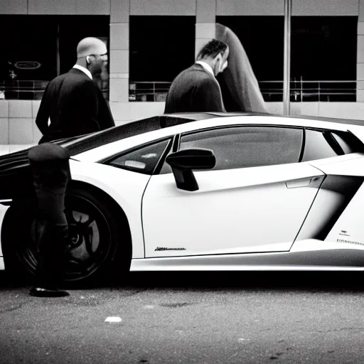 Prompt: black and white press photograph of a tired and depressed man in a black suit pushing a lamborghini that is out of gas on a busy city street, sideview, detailed, natural light, mist, film grain, soft vignette, sigma 5 0 mm f / 1. 4 1 / 1 0 sec shutter, imax 7 0 mm footage